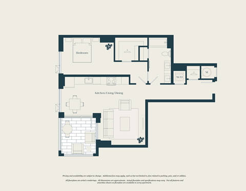 Floor plan for 1 bed, 1 bath, 819 sqft